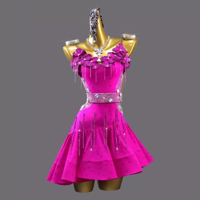 Custom size hot pink gemstones competition latin dance dresses for girls kids juvenile salsa rumba latin stage performance flower dress for children